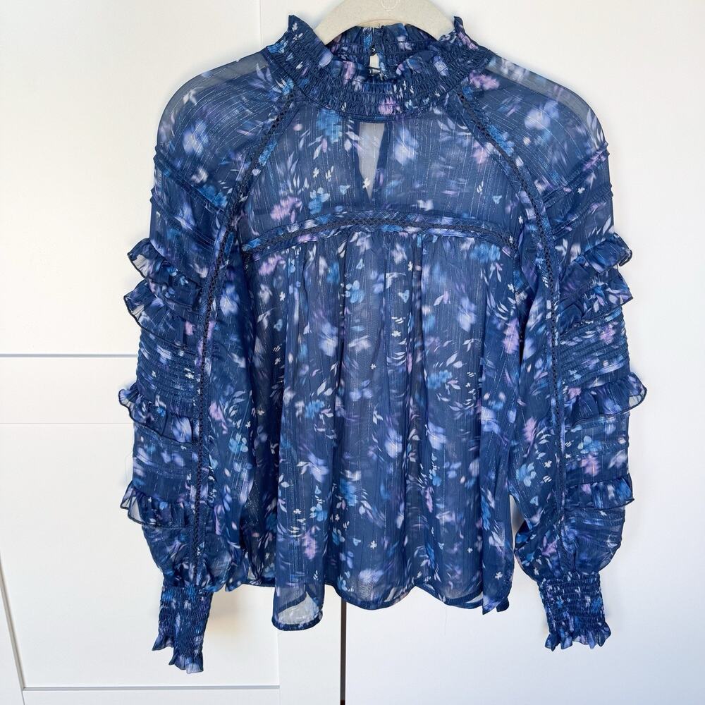 French Connection Anifrida Arica Pleat-Sleeve Top Women’s XS Blouse, Long Sleeve
